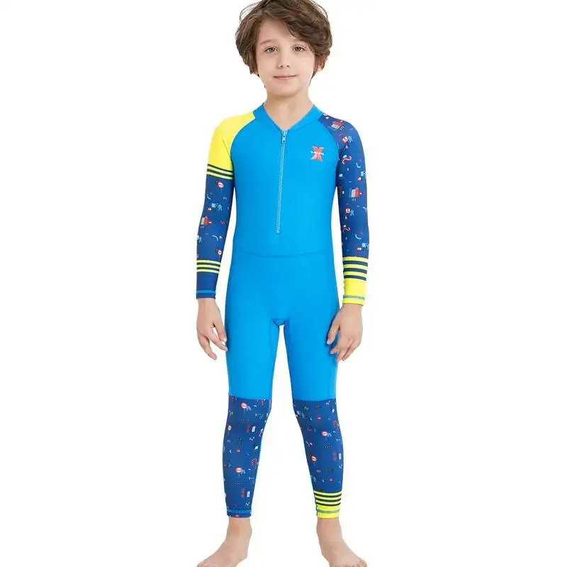 Traje de baño de una pieza con estampado personalizado de retazos, traje de baño unisex Anti-UV de manga larga para niños, traje de baño con cremallera