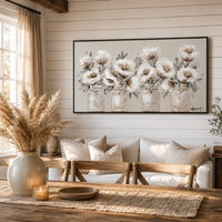 Peinture murale florale artisanale moderne aux tons neutres, quatre vases avec des fleurs blanches, peintures sur toile pour salon