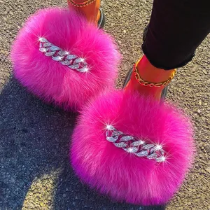 2023 yeni varış kadın kış peluş Faux kürk slaytlar tasarımcı bulanık terlik açık ayak kabarık kürklü terlik büyük boy kadın ayakkabı