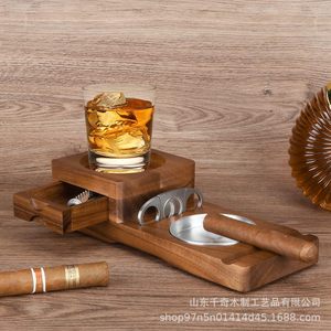 Cendrier en bois massif avec tiroir, plateau métallique de 9 cm, porte-verre à whisky, design minimaliste - Product Image 2