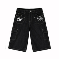 Pantalones Cortos de Mezclilla Holgados 100% Algodón con Logotipo Personalizado para Hombre, Estilo Vintage Desgastado con Estampado de Telaraña