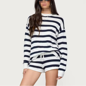 Summer women's casual color blocked striped long sleeved top with lace up shorts contrasting color two-<b>piece</b> <b>set</b> - Product Image 4