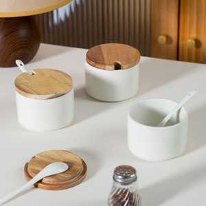 Ceramic Seasoning <b>Jar</b> <b>With</b> Wooden <b>Lid</b> And Spoon For Kitchen Storage 200Ml - Product Image 1