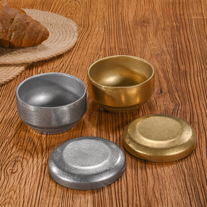 Bol à riz rétro en acier inoxydable 304 avec couvercle, double couche anti-brûlure, bol à soupe couleur unie pour usage domestique - Product Image 1