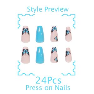 Appuyez sur les fournitures pour ongles en gros moyen papillon <span class=keywords><strong>faux</strong></span> ongles 24 pièces français <span class=keywords><strong>bleu</strong></span> <span class=keywords><strong>ciel</strong></span> acrylique amande ongles pour femmes et filles - Product Image 4