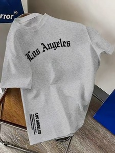 Camiseta de Verano para Hombre, de Algodón, Manga Corta, Cómoda, Informal, con Estampado de Letras de Los Ángeles, Suave, Sólida, Corte Holgado, de Calidad, con Contraste de Color - Product Image 1