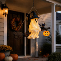 Lampe Solaire Suspendue Halloween : Balai Fantôme, Chapeau de Sorcière, Ornement Fantôme LED Lumineux, Lampe Balançoire Fantôme pour Décoration de Fête d'Halloween