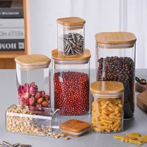 Bouteille en verre carrée avec couvercle en bambou et bois, récipient hermétique, bocal de rangement pour condiments, thé et fruits secs - Product Image 3