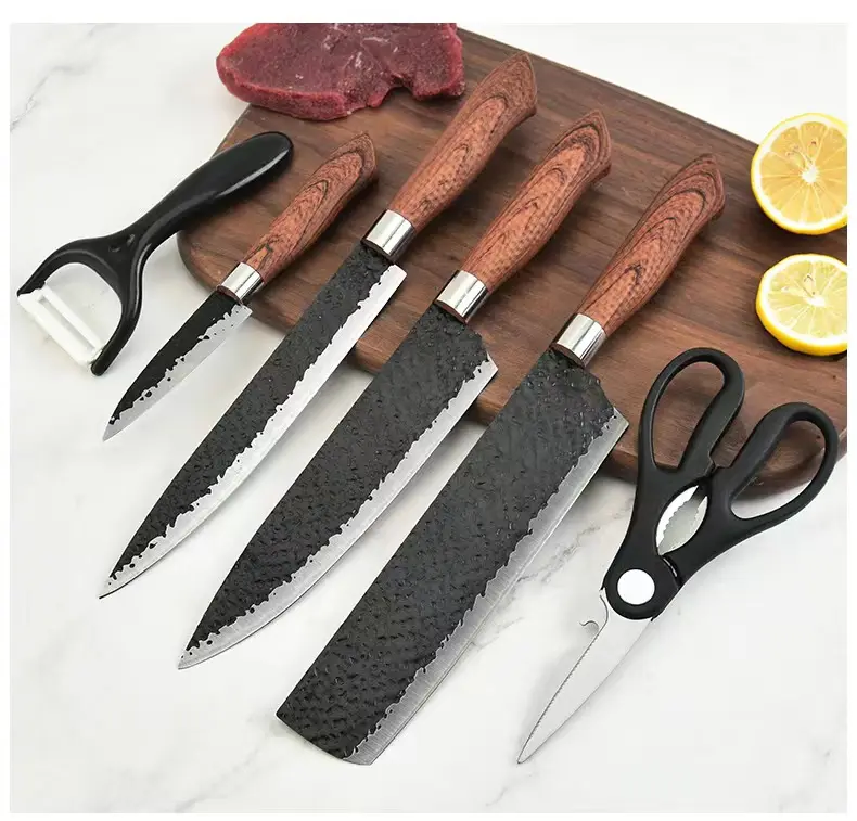 6 pièces/ensemble nouveau modèle de marteau forgé noir ensemble de six pièces couteau de cuisine à la maison couteau de chef couteau de cuisine coffret cadeau.