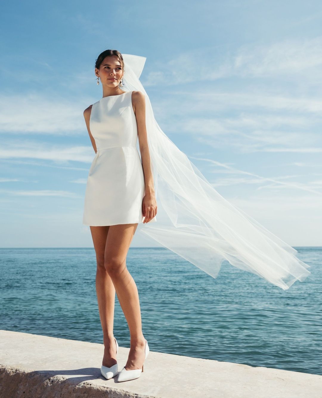 boat neck short wedding dress Simple, Short Civil Wedding Dress With a Boat Neckline, Circle Skirt and  3/4 Sleeves in Ivory | Custom-made by SCARLET