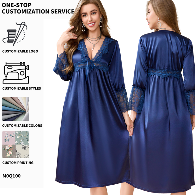 Sexy Blue Sleepwear Women Satin Lace Romantic Intimate Bedroom Night Loungewear
