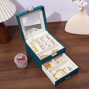 Luxury Suede Double-layer Jewelry Storage <b>Box</b> <b>with</b> <b>Mirror</b> for Earrings Pendant Ring Necklace Bracelet Engagement Wedding Gift - Product Image 5