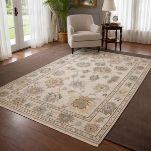 Tapis Oushak noué à la main de qualité supérieure, motif floral vintage, tapis en laine - Product Image 1