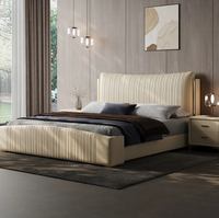 Lit de rangement en cuir véritable crème de style italien, luxe léger, fonctionnalités réglables, cadre en bois de pin écologique, moderne et minimaliste