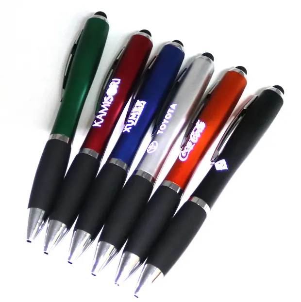 מותאם אישית לוגו לייזר לחרוט ממותג Ballpointpen עם Led אור עם רב פונקצית טלפון Stand כדורי עט Led אור Stylus עט