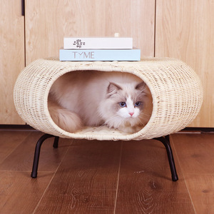 <b>Rattan</b> Coffee <b>Table</b> Round <b>Small</b> Storage Basket Pet Cat Bed Scandinavian Style Handmade With Black Metal Legs - Product Image 2