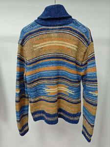 Bohemian-Inspired Casual Breathable <b>Chunky</b> <b>Knit</b> Wool/Cashmere Notched Collar <b>Cardigan</b> Earthy Blue Brown Stripes Reflecting - Product Image 2