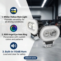 Lampe auxiliaire LED pour moto Espumoso à double lentille, avec anneau lumineux RGB Angel Eye, klaxon 110 dB, étanche IP67, projecteur tout-terrain pour véhicules