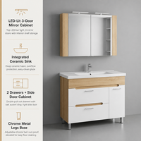 Ensemble de meuble-lavabo de salle de bain avec miroir LED, armoire en chêne blanc, lavabo en céramique, 2 tiroirs, porte latérale, pieds chromés, style scandinave moderne