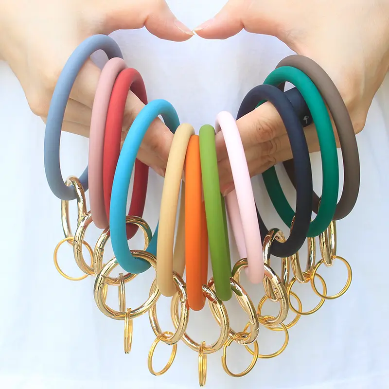 Fashion O Type Keychain Solid Color Silica Gel Wristlet Wristband Key Ring Unisex Trendy Simple Circle Key Chain Bangle Jewelry