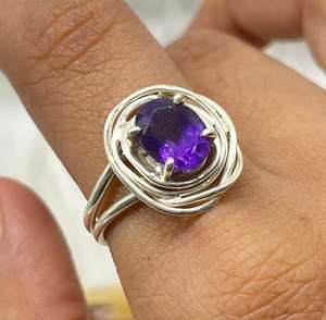 Bague fantaisie vintage en argent sterling 925 avec améthyste naturelle sertie clos, sans nickel, sans plomb, bijoux bohèmes violets pour femme, mariage - Product Image 4