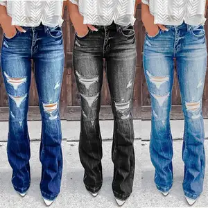Calça jeans feminina deprimida para mulheres, calça jeans rasgada skinny, calça bootleg