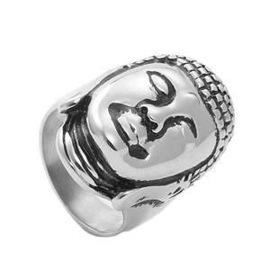 Anillo de Buda para hombre, de acero inoxidable, plateado, estilo punk retro, diseño de cara, joyería, regalo 260104 - Product Image 1