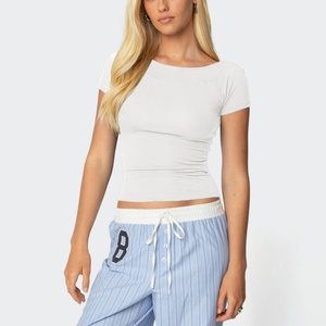 T-shirt basique personnalisé à coupe ajustée, col rond, été, élastique, moulant, uni, sexy, pour femme, crop top - Product Image 4