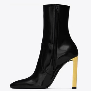 Bottines à talons épais en métal doré, style personnalisé, sexy, pour femmes, bout carré, courtes, avec fermeture éclair latérale, en cuir verni - Product Image 5