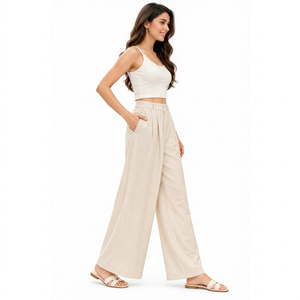 Pantalones Largos de Verano para Mujer, Color Beige, Cintura Alta, Pierna Ancha, Estilo Casual, Mezcla de Lino, Plisados, Corte Holgado - Product Image 1