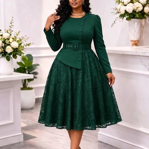 Robes d'automne tendance <span class=keywords><strong>D649</strong></span> pour femmes, élégantes et décontractées, avec dentelle, manches longues, deux pièces, effet illusion, robes de travail pour femmes, robes de bureau - Product Image 3