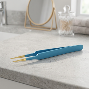 Blue Metal Tweezers With Gold Tips Flat Mini Fan Shape Reusable Beauty Tool For <b>Eyelash</b> Extension - Product Image 2