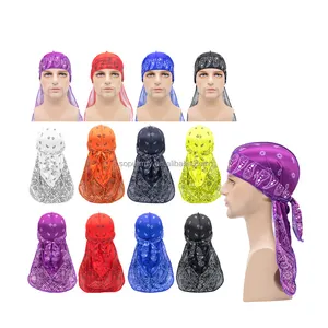 Wholesale Designer Custom Bandana Doo rag Cap Headwraps Men's Women's Silk Durag with Long Tail and Wide Straps for 360 Waves
