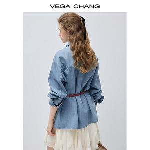 VEGA CHANG Camicia in denim casual da weekend, stile retrò, con maniche arrotolabili, vestibilità rilassata e oversize, in lyocell lavato, versatile per la primavera, con gonna abbinata - Product Image 5
