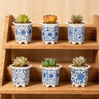 Lot de 6 pots à succulentes en céramique émaillée bleu et blanc à motifs floraux, petit pot à cactus de 3,3 pouces avec drainage, vente en gros