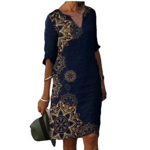 Vestido de longitud media con estampado y cuello en V, transpirable, informal, vintage, para uso diario, para mujer - Product Image 5