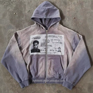 Sudadera con <span class=keywords><strong>capucha</strong></span> OEM de alta calidad para hombre, color morado, algodón de alto GSM, lavado ácido, estilo vintage, con cremallera completa, estampado gráfico personalizado - Product Image 1