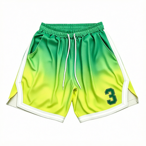 Shorts de basket pour homme, dégradé vert-jaune, 100% polyester, séchage rapide, cordon de serrage, style sportif avec bande latérale - Product Image 3