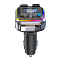 Chargeur de voiture portable 45W avec cordon USB-C rétractable, charge rapide, pour modulateur FM stéréo, transmetteur mains libres, lumière RGB