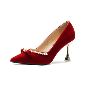<b>Red</b> Velvet Bridal Pumps Pointed Toe Stiletto <b>Heel</b> With Pearl Bow Decoration High <b>Heel</b> Wedding Shoes For - Product Image 5
