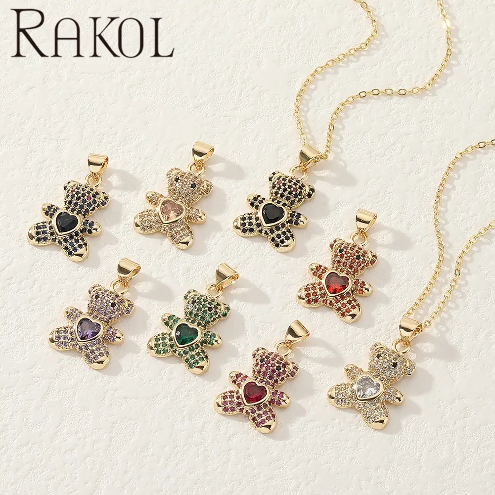 RAKOL WX010 Jewelry Cute 18K PVD Gold Plated CZ Pave Bear Pendant Necklace Stainless Steel Jewelry for Women