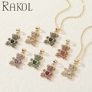 RAKOL-colgante de acero inoxidable con forma de oso para mujer, joyería WX010, 18K, PVD, chapado en oro, CZ