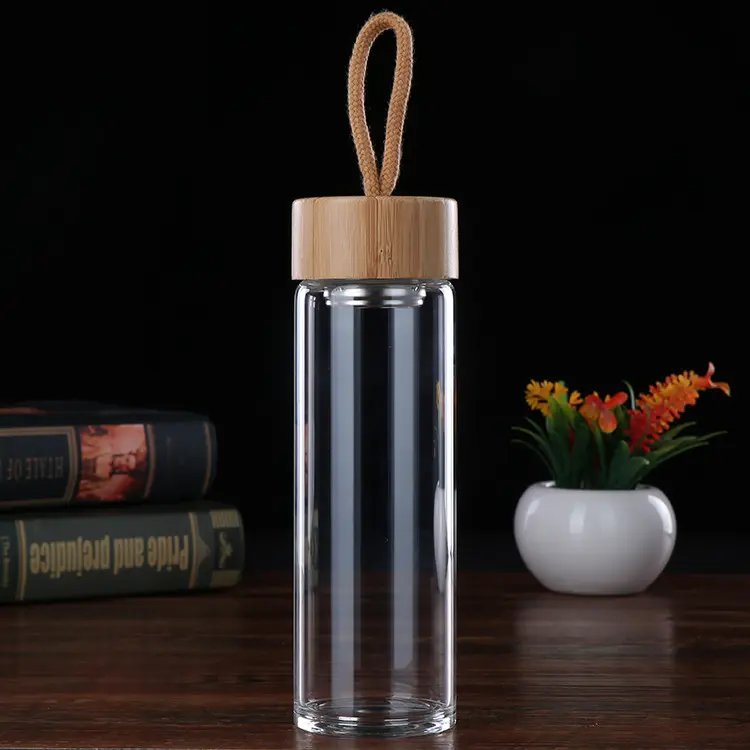 Motivasyon temizle buzlu cam su şişeleri hediye kutusu vakumlu su şişesi bpa ücretsiz meyve çayı filtre ve bambu kapak ile