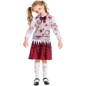Disfraz de zombi de Halloween para niña adulta, manchados de <span class=keywords><strong>sangre</strong></span> a cuadros rojos uniforme escolar, fiesta de terror, Cosplay, vestidos de actuación - Product Image 2