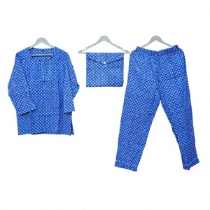 Conjunto de Pijama de Algodón con Estampado Floral Azul para Mujer, Manga Larga, Cuello Redondo, Largo Completo, Ropa de Dormir Informal, Transpirable, de Verano, 3 Piezas - Product Image 1
