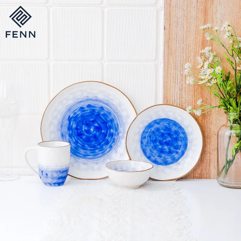 Decorative Glazed Design Ceramic Mug Plate and Bowl Blue Dinnerware Set Crockey Dinner Set / Porcelain Dinner Sets