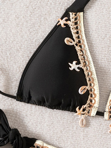 Women's Summer Solid Bikini Sets Backless Neck Low Waist 2-Piece Bandeau Swimwear Beading Decoration Beachwear XL - Product Image 4