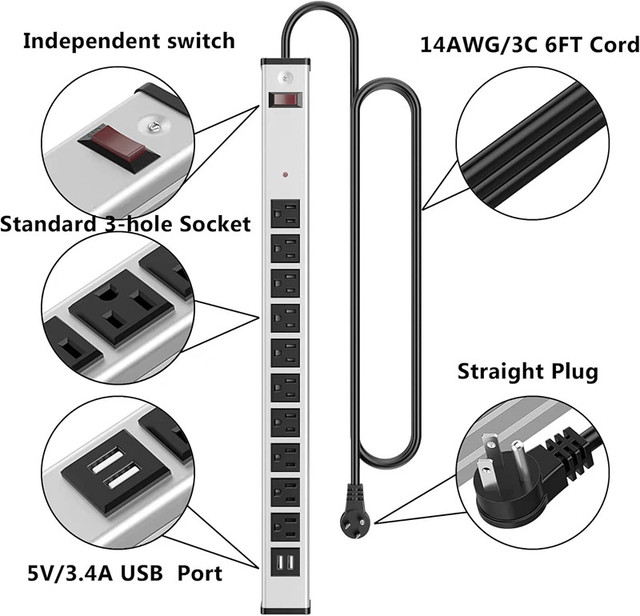 10 Outlets Aluminum Power Strip with 6 FT Extension Cord Heavy Duty ETL Certified Surge Protection 2 USB a Ports Silver & Black