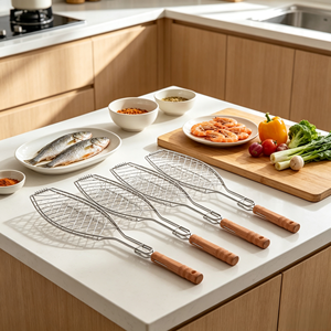 Panier de cuisson en fil d'acier inoxydable pour barbecue avec poignée en bois, facile à nettoyer, résistant à la chaleur, pour grillades de poisson, cuisine extérieure - Product Image 5