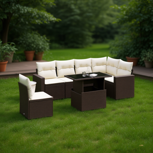 Set Divano da Giardino in Rattan Bianco Crema e Marrone con Cuscini, 6 Posti, Arredamento da Esterno dal Design Contemporaneo - Product Image 2